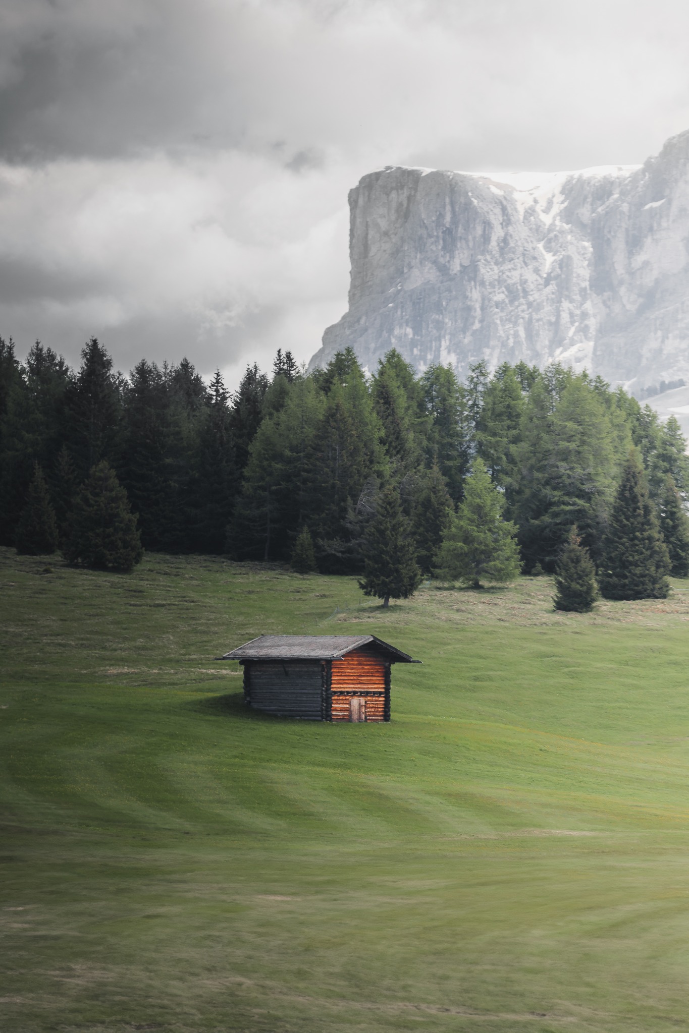 Petit chalet dans une prairie verte devant la forêt et une falaise
