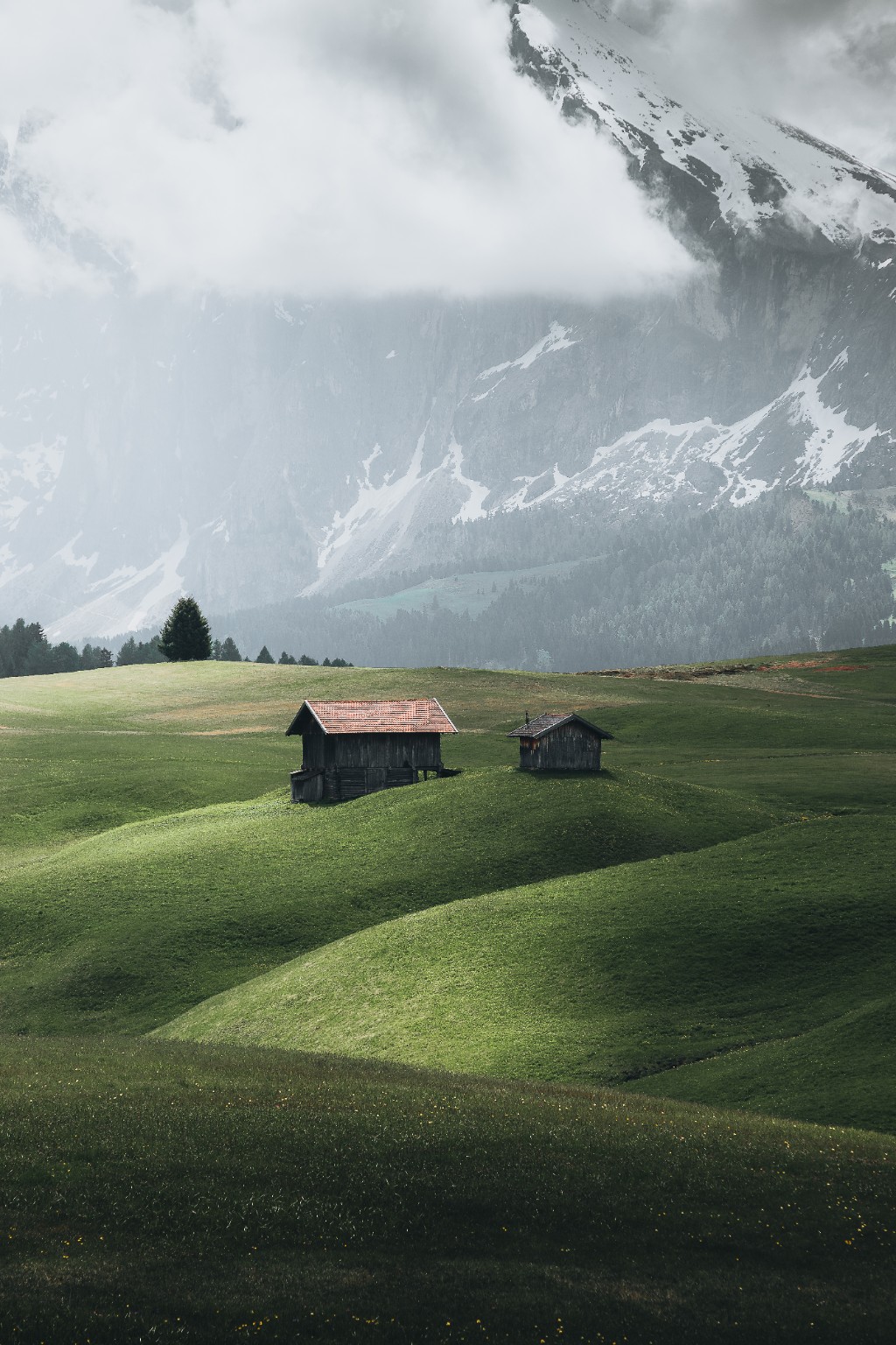 Deux chalets en bois dans des prés verts sous une montagne enneigée et les nuages