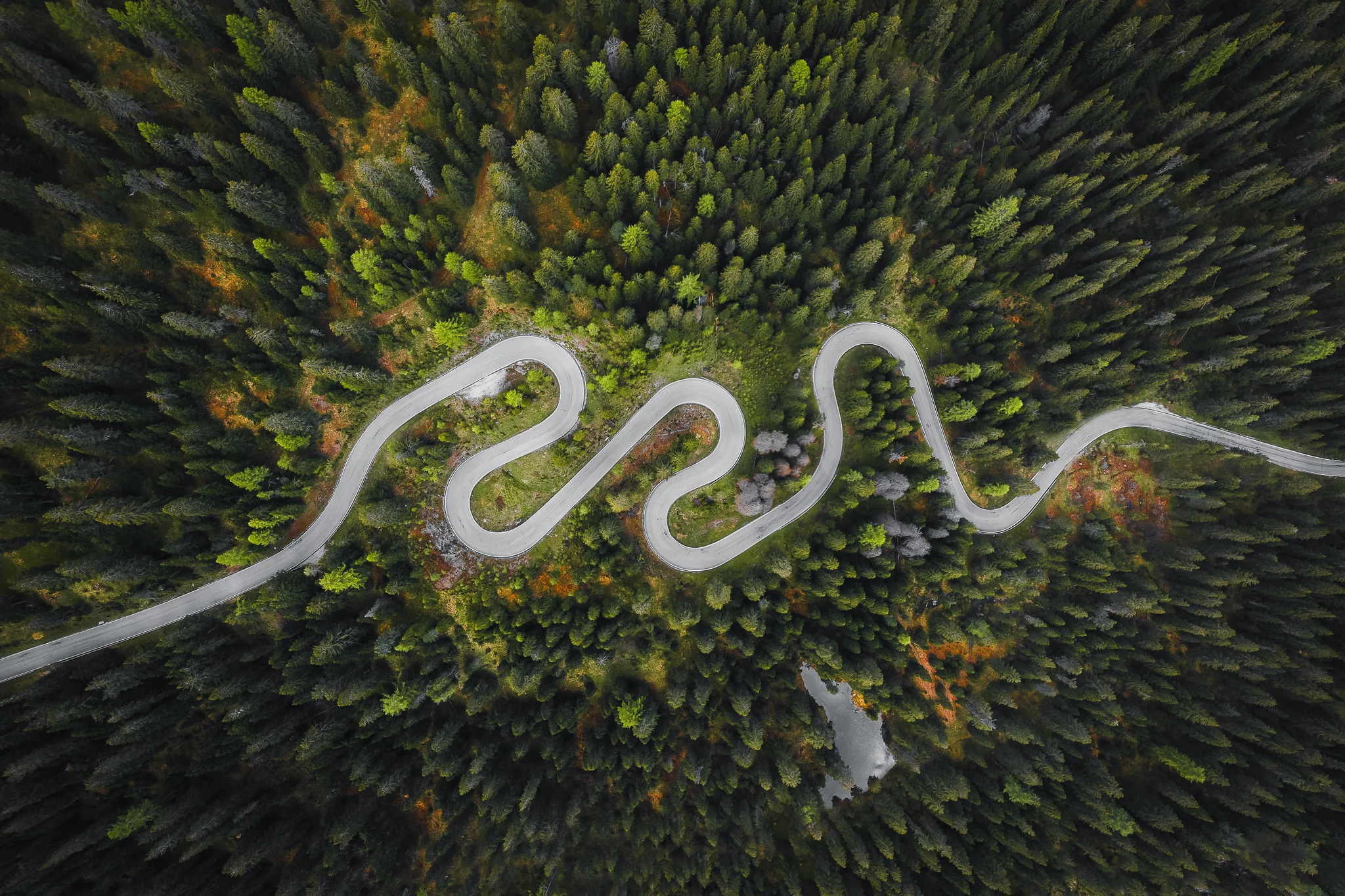 Route en lacets à travers une forêt des Dolomites, vue à la verticale